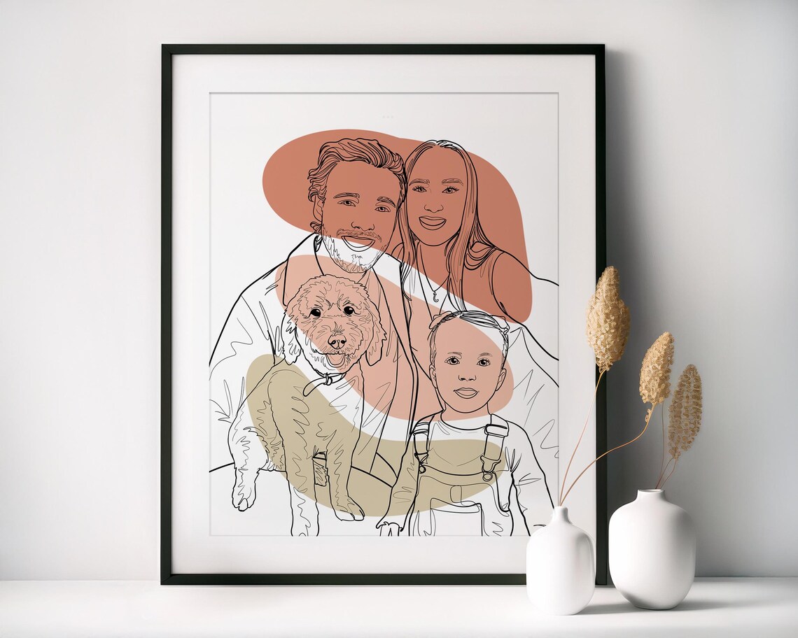 Family with Dog Line Art Portrait in Warm Terracotta Tones Poster
