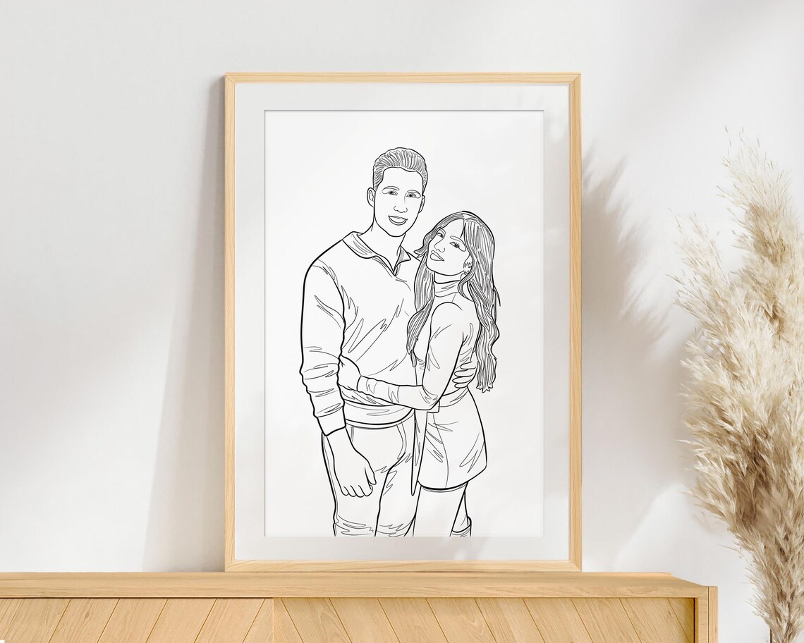 Couple Embracing Modern Minimalist Line Art Romantic Portrait Poster