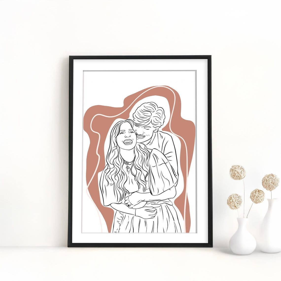 Couple Hugging from Behind Line Art Portrait Terracotta Style Poster