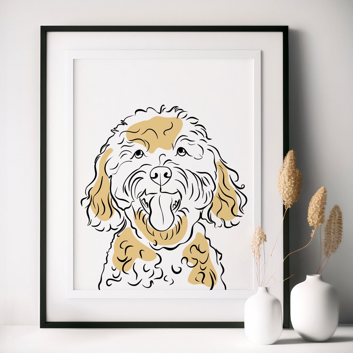 Smiling Doodle Dog Minimalist Line Art Pet Portrait Poster Gift