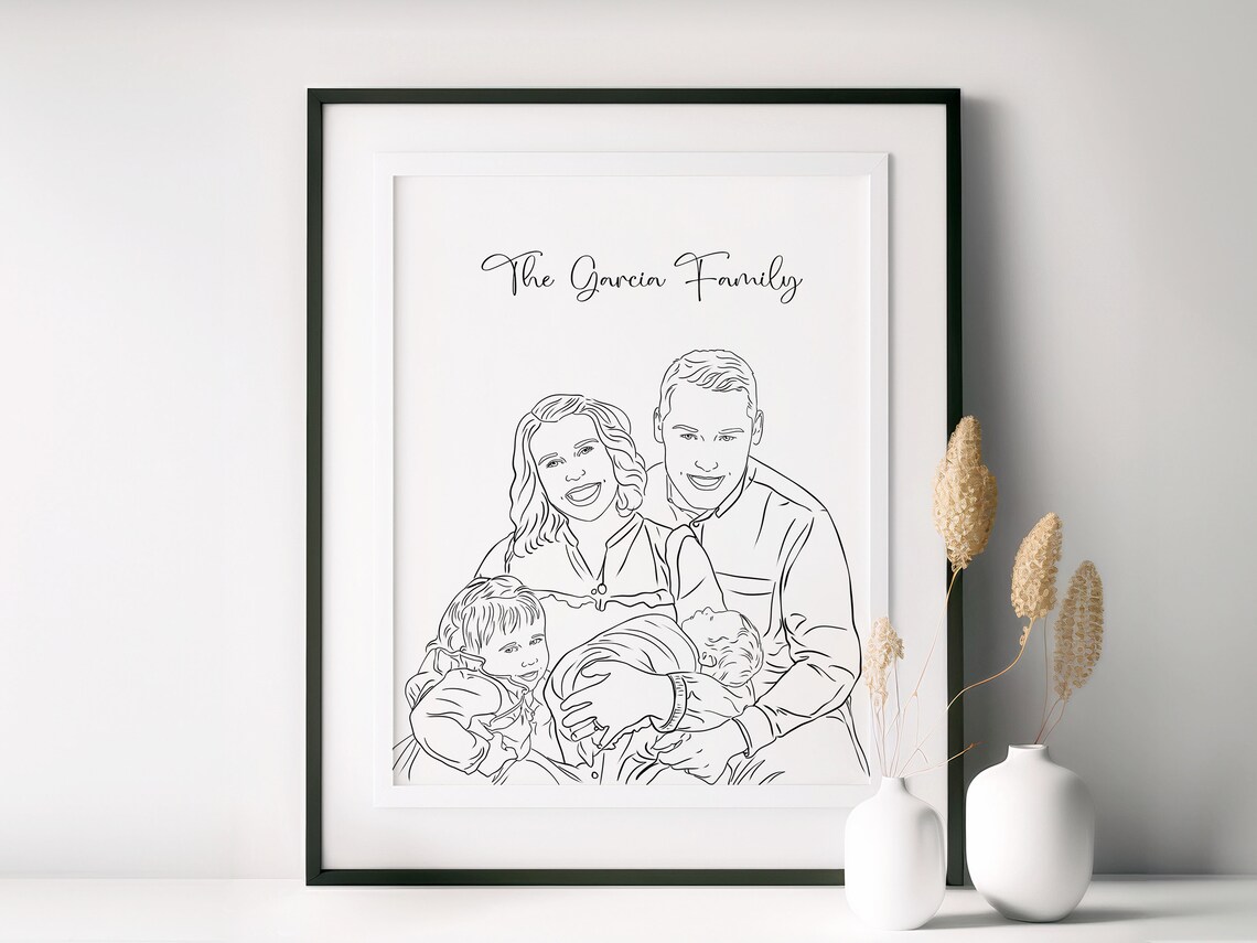 The Garcia Family Line Drawing Portrait of Parents and Kids Poster