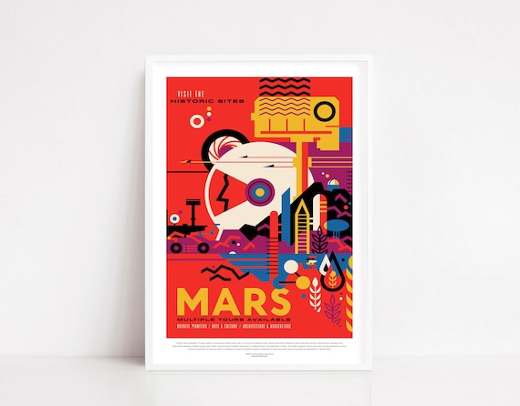 NASA Visit Mars Historic Sites Retro Red Planet Travel Poster Art