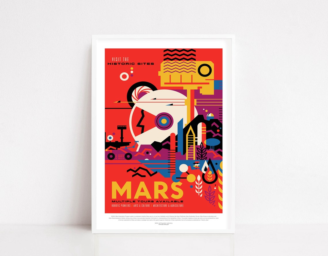 NASA Visit Mars Historic Sites Retro Red Planet Travel Poster Art
