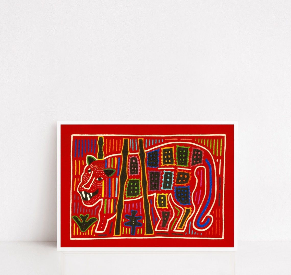Colorful Mola Tiger Folk Art Poster Red Panama Textile Design