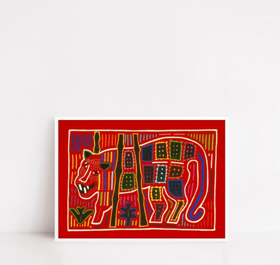 Colorful Mola Tiger Folk Art Poster Red Panama Textile Design