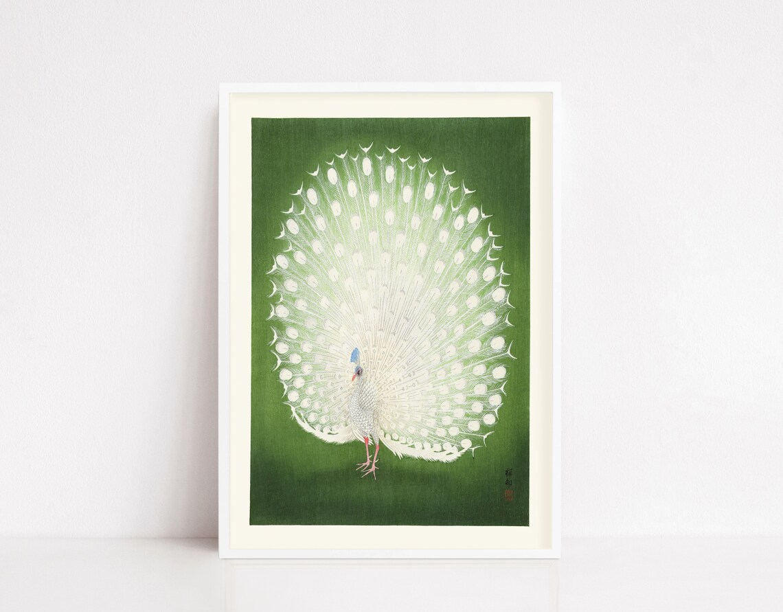 Ohara Koson White Peacock Green Vintage Japanese Bird Art Poster