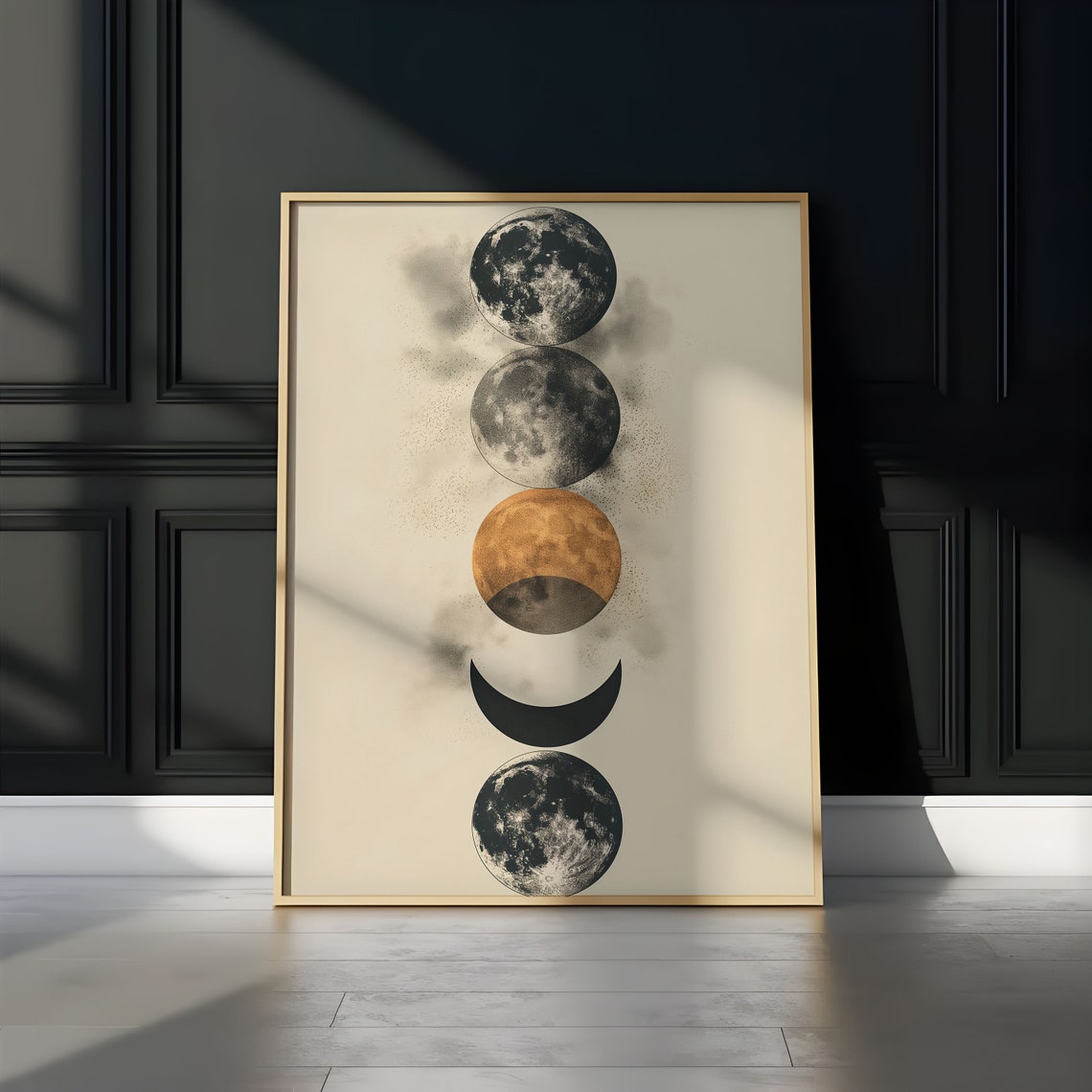 Stacked Five Moons Golden Orange Center Abstract Art Cream Poster - Image 3