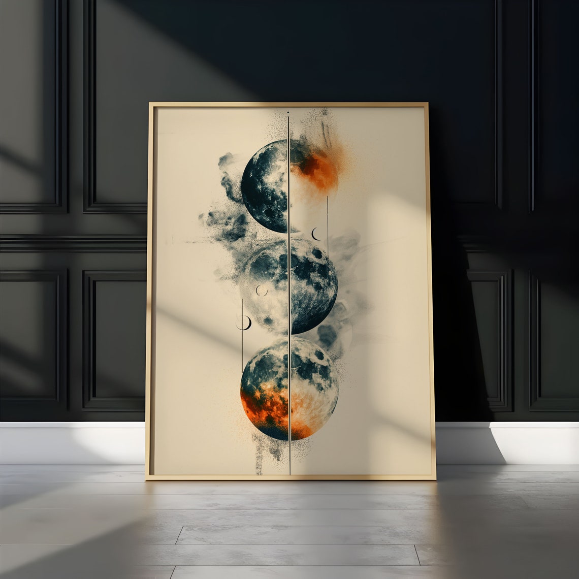Split Light Dark Moon Trio Ink Splash Ember Abstract Art Poster - Image 2