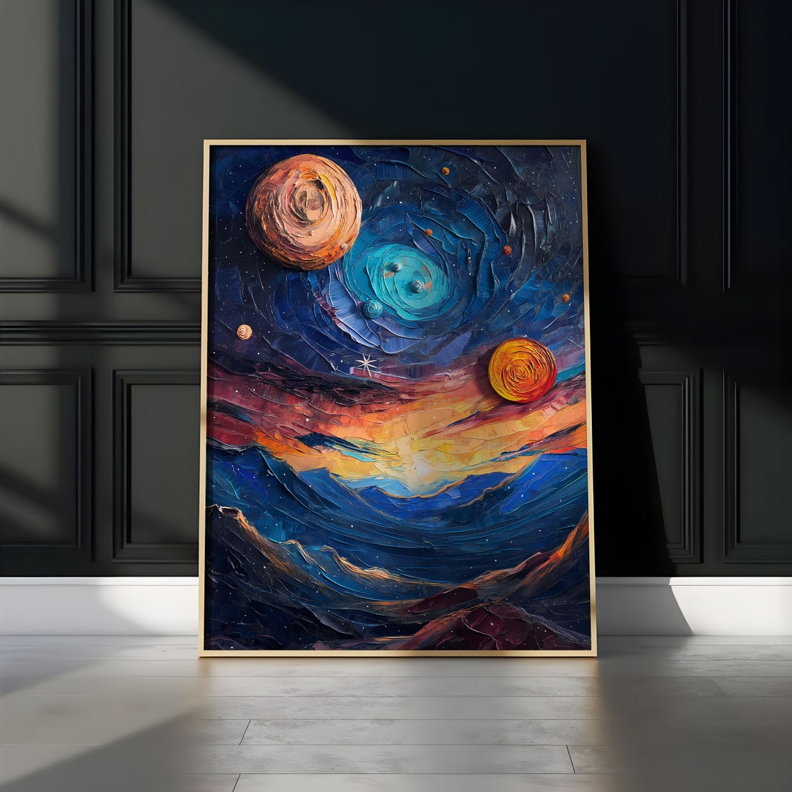 Blue Spiral Galaxy Orange Sun Blue Mountains Impasto Art Poster - Image 3