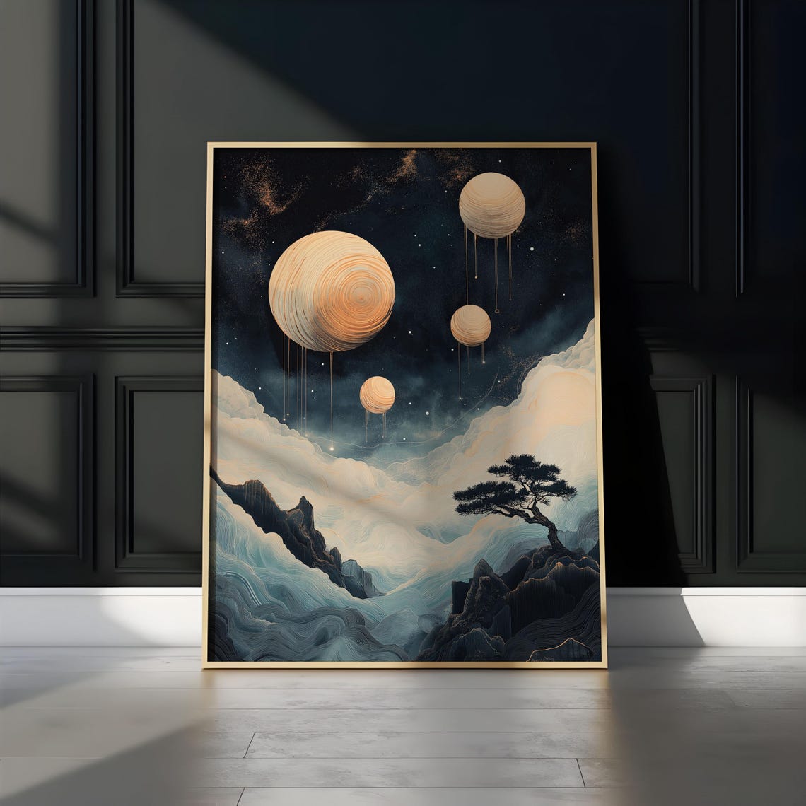 Dripping Gold Moons Cloud Sea Cliff Pine Dreamy Surreal Night Poster - Image 3