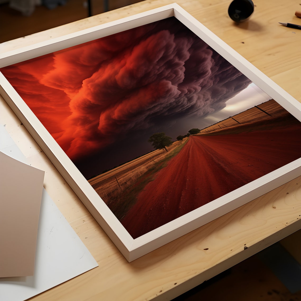Crimson Storm Clouds Over Red Dirt Road Through Golden Field Poster - Image 3