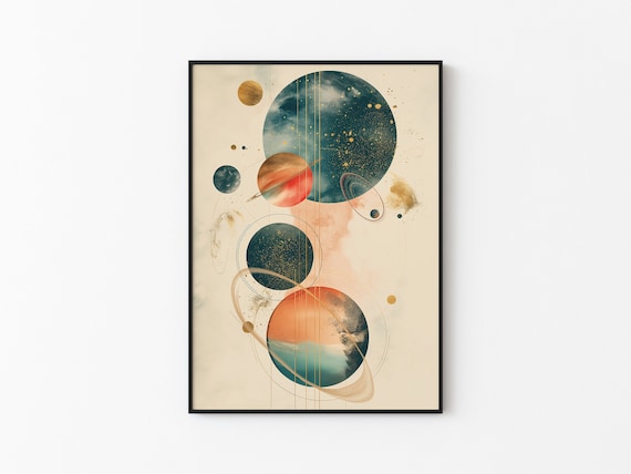 Teal Coral Planets Gold Orbit Rings Abstract Celestial Cream Poster Art