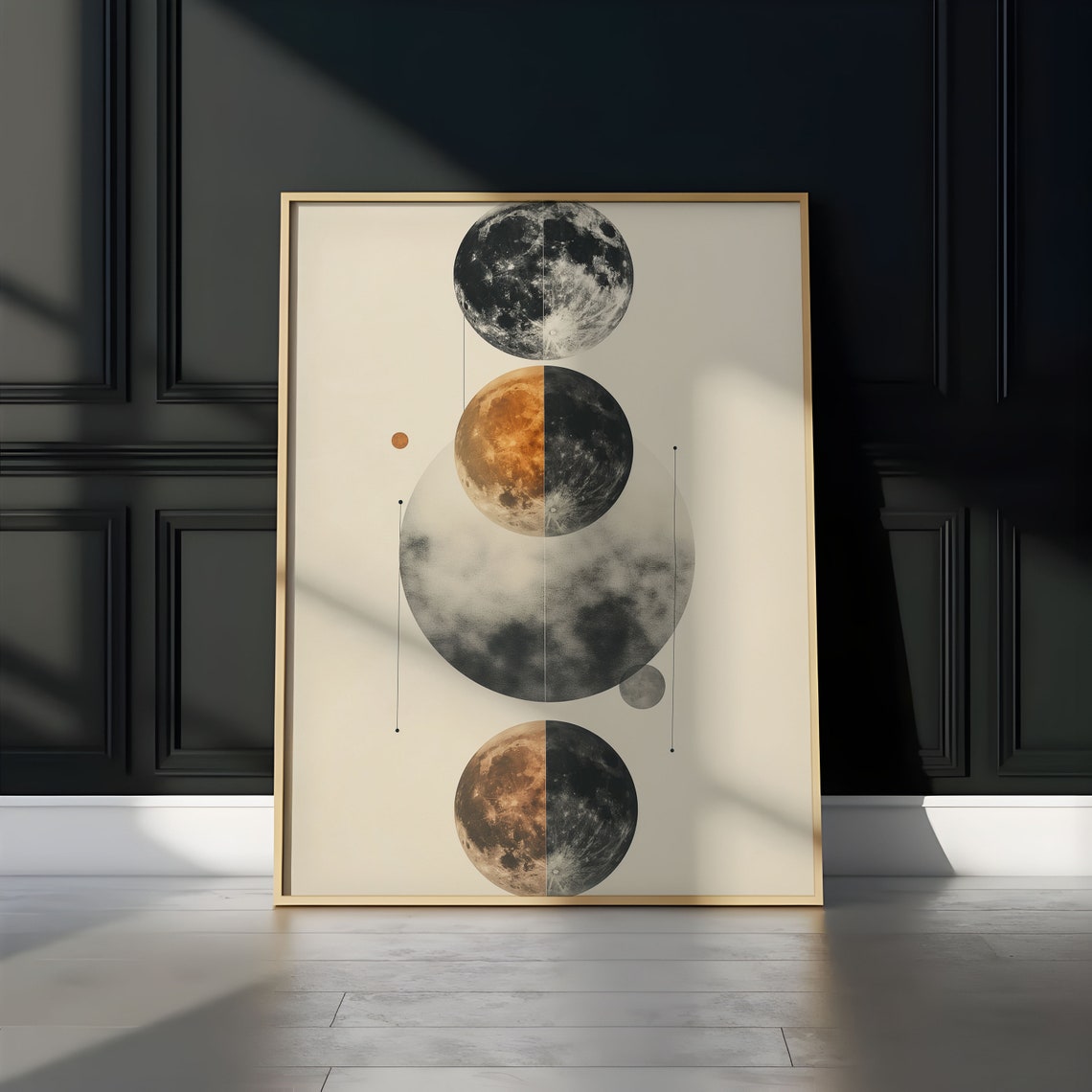 Overlapping Half Gold Half Dark Moons Geometric Cream Art Poster - Image 2