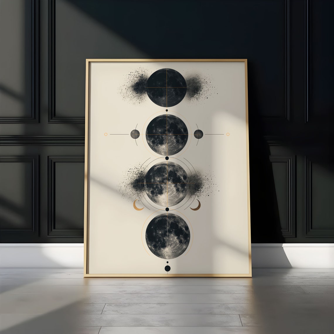 Four Full Moons Ink Splatter Fine Gold Line Abstract Art Poster - Image 3