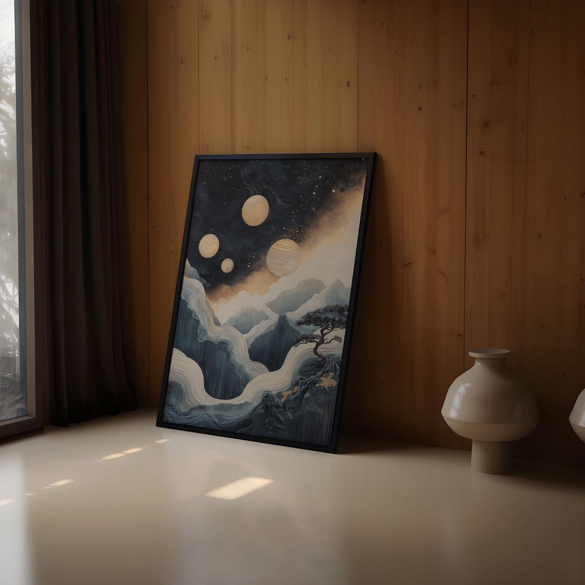 Four Banded Golden Planets Starry Aurora Mountain Night Sky Poster - Image 2