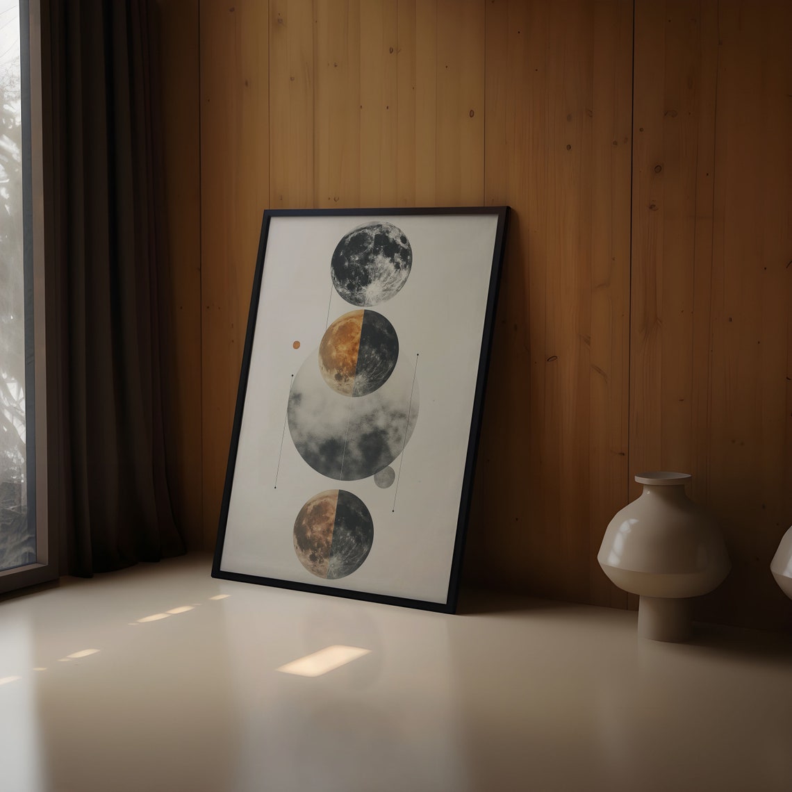 Overlapping Half Gold Half Dark Moons Geometric Cream Art Poster - Image 3