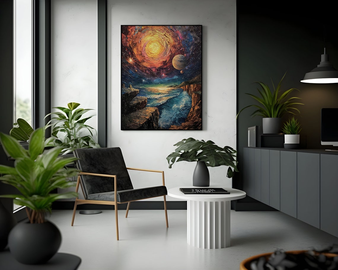 Golden Spiral Galaxy Ocean Cliffs Impasto Cosmic Dream Art Poster - Image 2