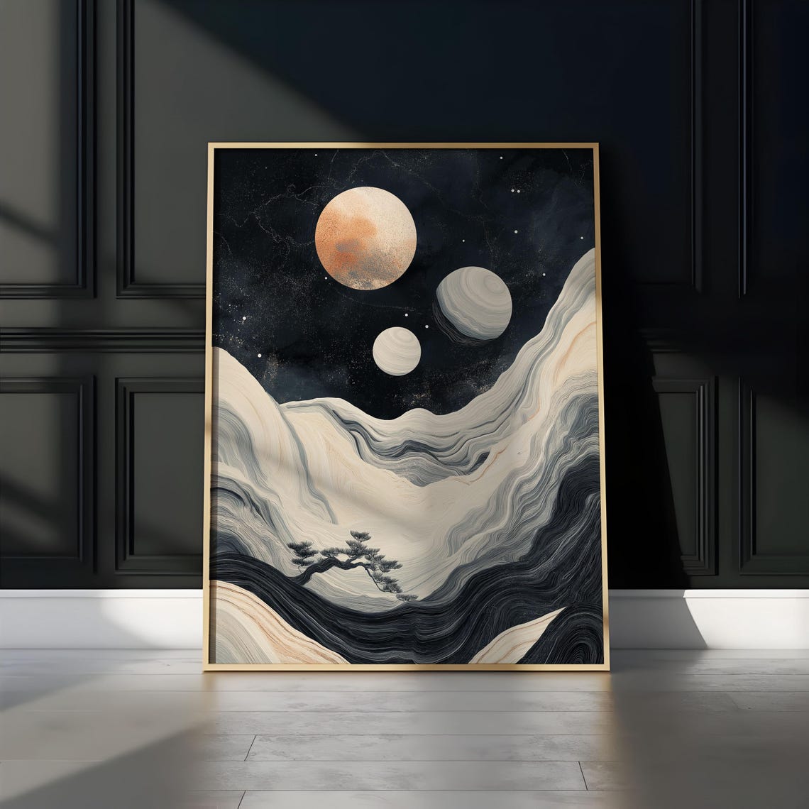 Peach Moon Silver Moons Marbled Wave Valley Tree Night Sky Art Poster - Image 3