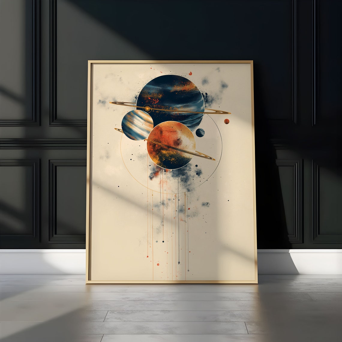 Clustered Ringed Planets Watercolor Drip Minimalist Wall Art - Image 3