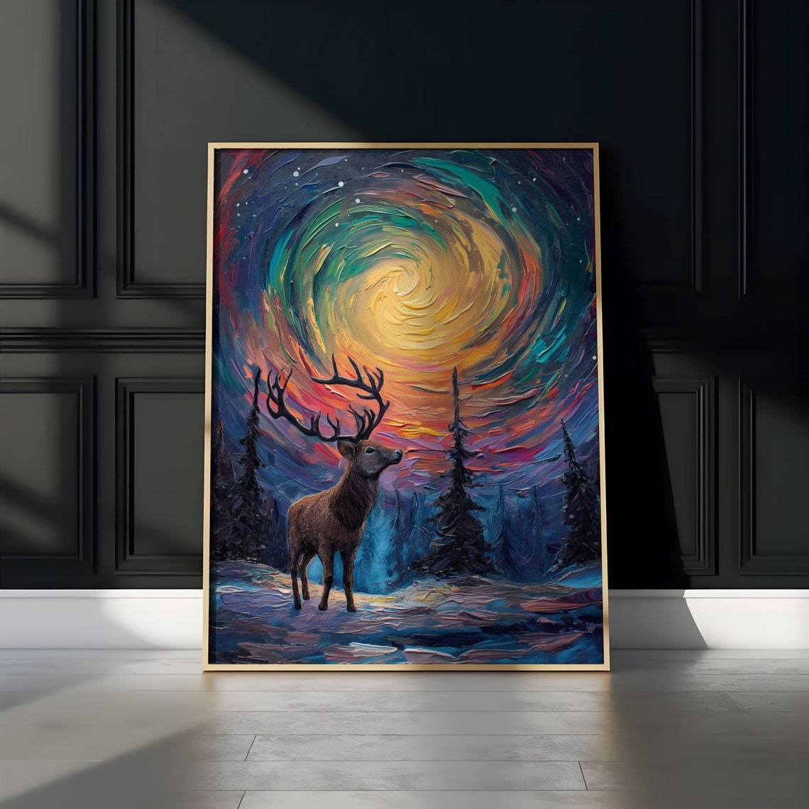 Red Deer Gazing at Swirling Teal and Gold Aurora Night Poster - Image 2