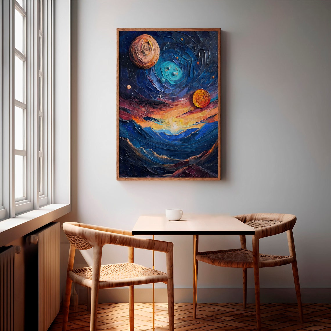 Blue Spiral Galaxy Orange Sun Blue Mountains Impasto Art Poster - Image 2