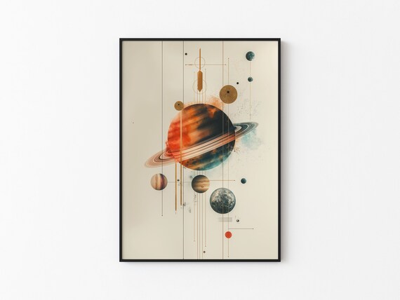 Big Bold Red Saturn Planet Geometric Watercolor Abstract Wall Art
