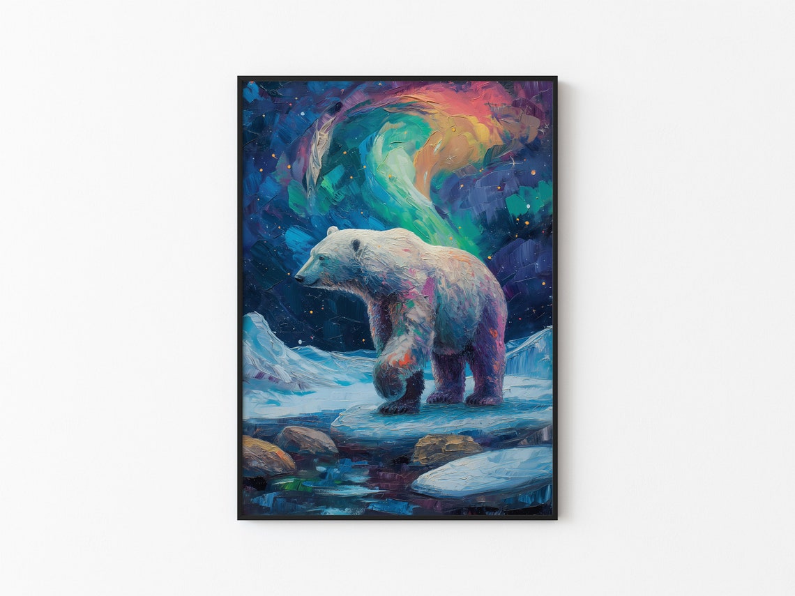 Polar Bear on Rocky Shore Beneath Rainbow Aurora Sky Arc Poster