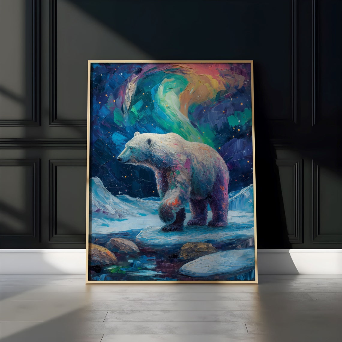 Polar Bear on Rocky Shore Beneath Rainbow Aurora Sky Arc Poster - Image 2