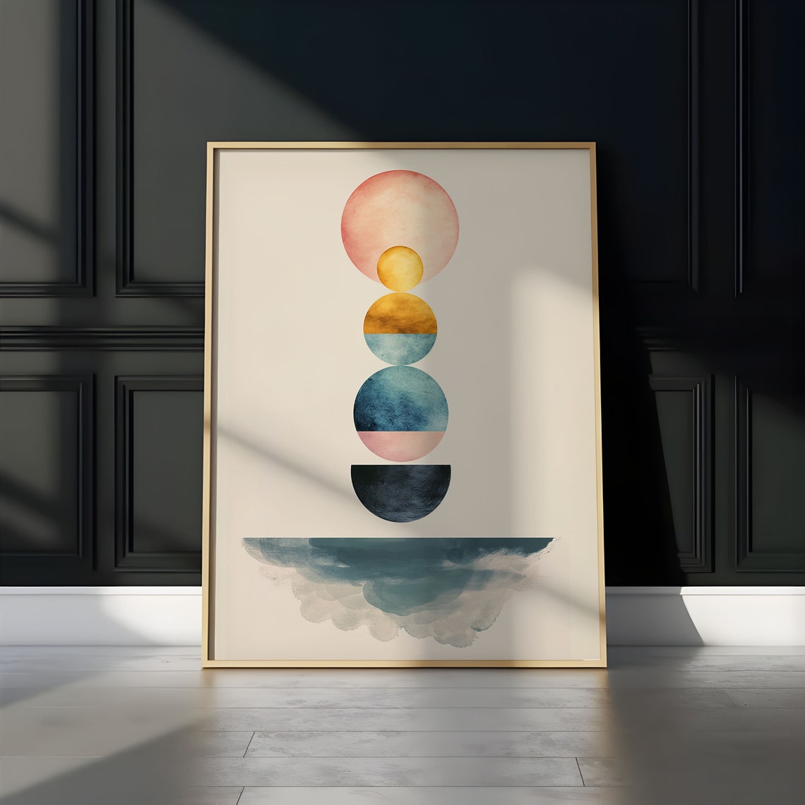 Abstract Stacked Sunrise Semicircle Navy Horizon Watercolor Wall Art - Image 3