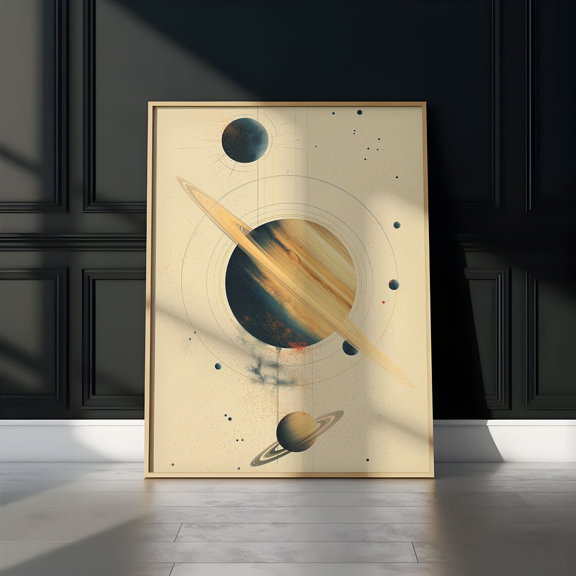 Abstract Beige Saturn Blade Ring Dramatic Navy Gold Watercolor Art Print - Image 3