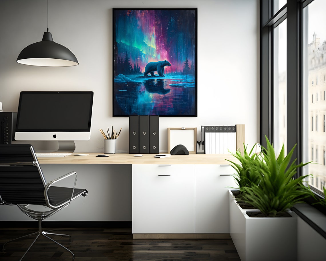 Polar Bear at Still Water Under Vertical Aurora Lights Poster - Image 2