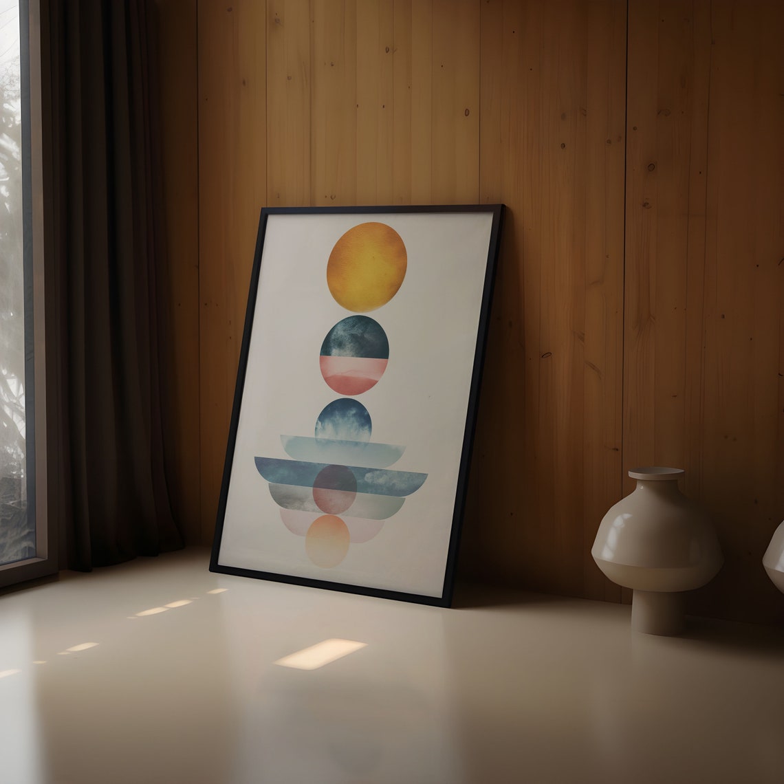 Golden Sun Wave Horizon Watercolor Stack Banded Orb Abstract Art Print - Image 2