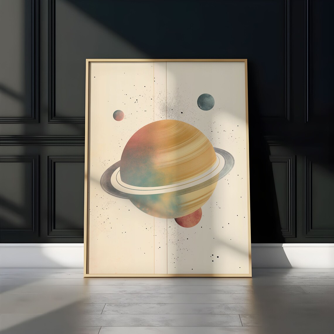 Abstract Watercolor Golden Banded Saturn Silver Ring Red Moon Art Print - Image 3