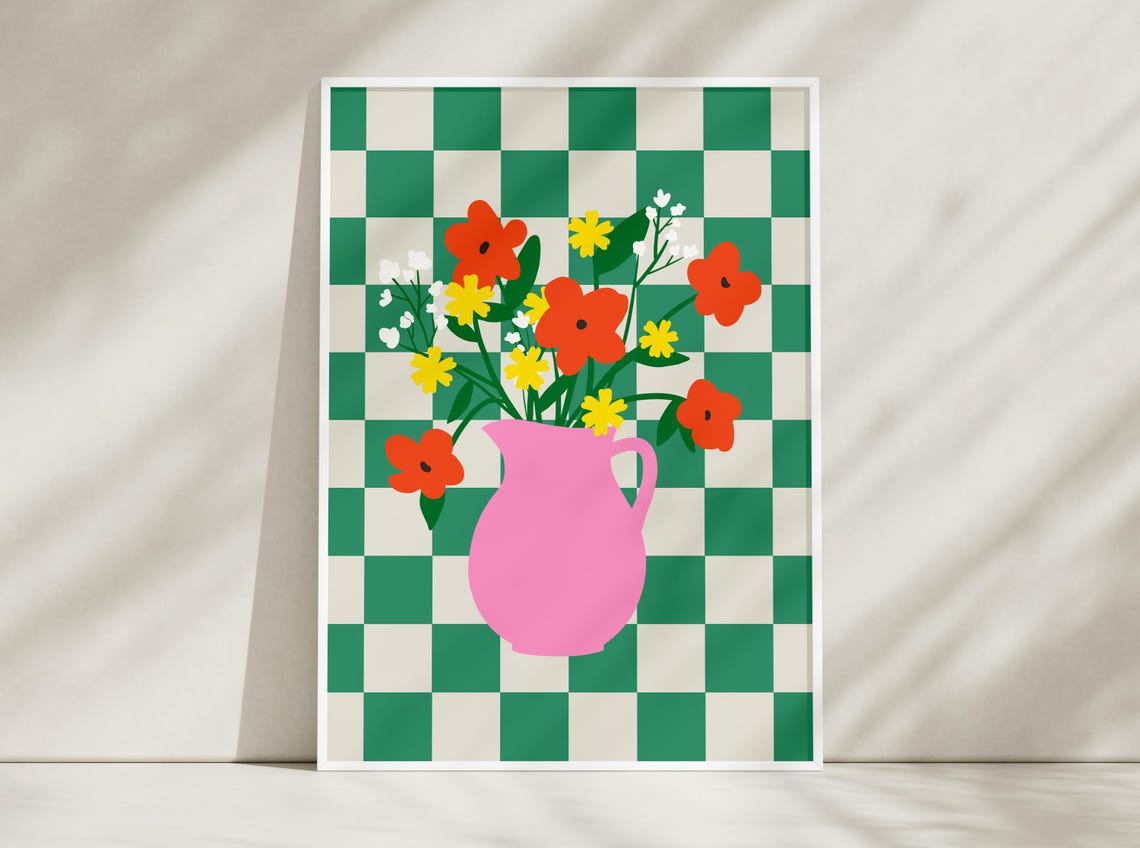 Pink Pitcher Vase Wildflower Bouquet on Green Check Wall Art Print