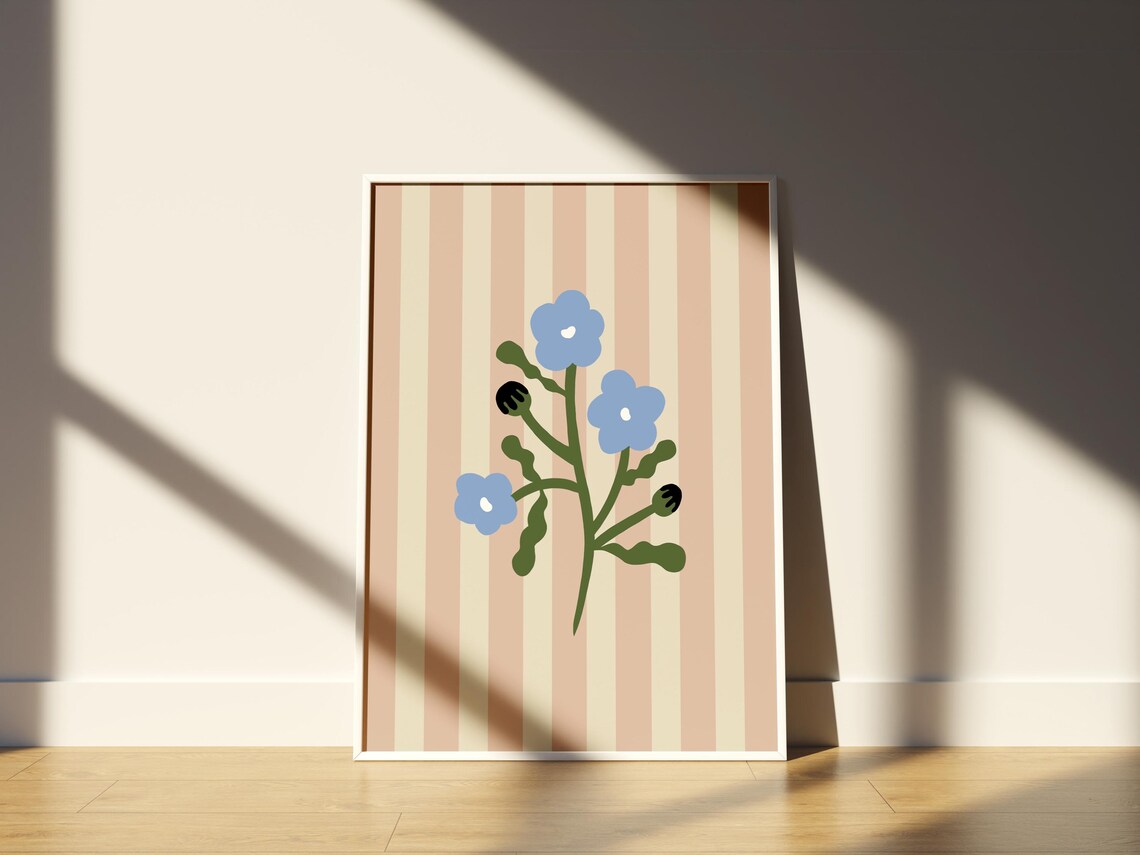 Blue Flower Stem Illustration on Pink Cream Striped Floral Poster - Image 4
