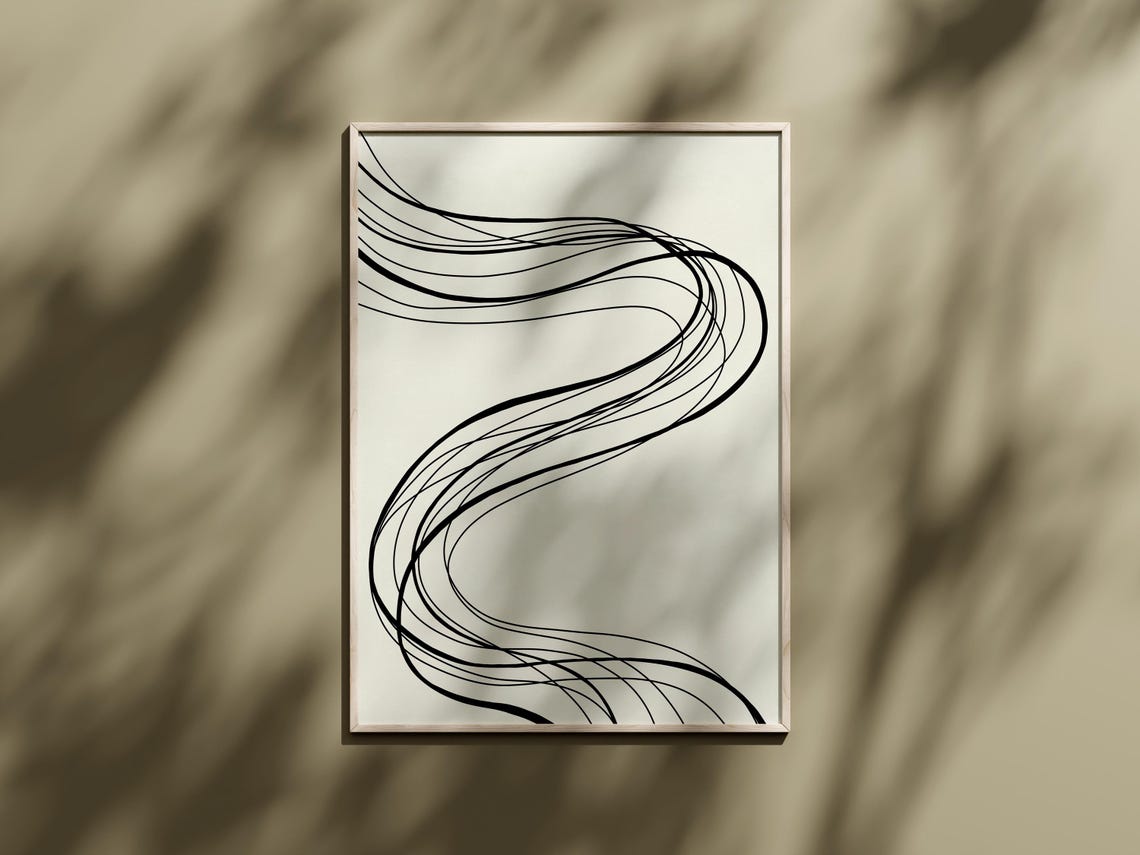 Abstract S Curve Sweeping Black Line Art Modern Cream Poster - Image 3