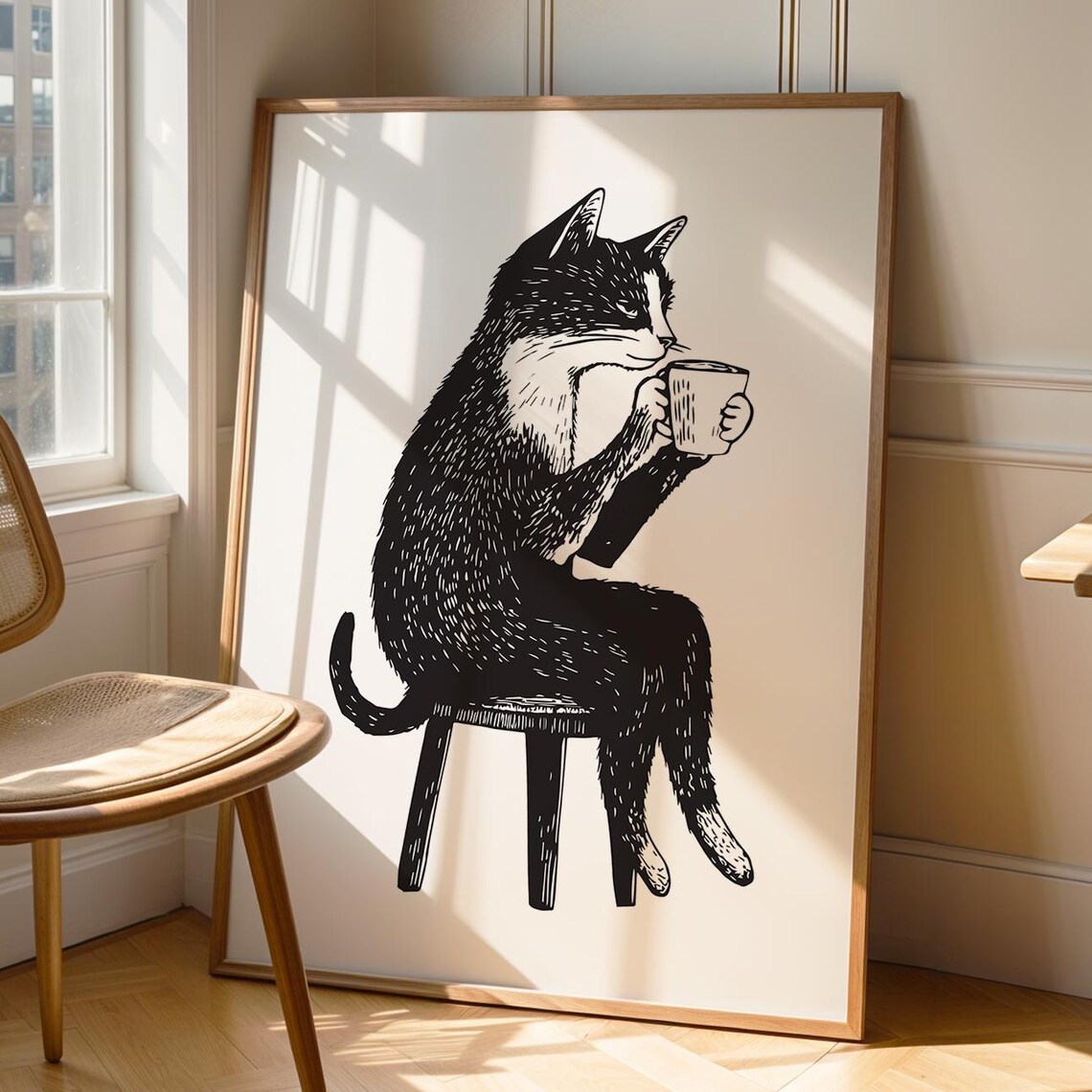 Funny Cat Coffee Art Print, Minimalist Kitchen Decor
