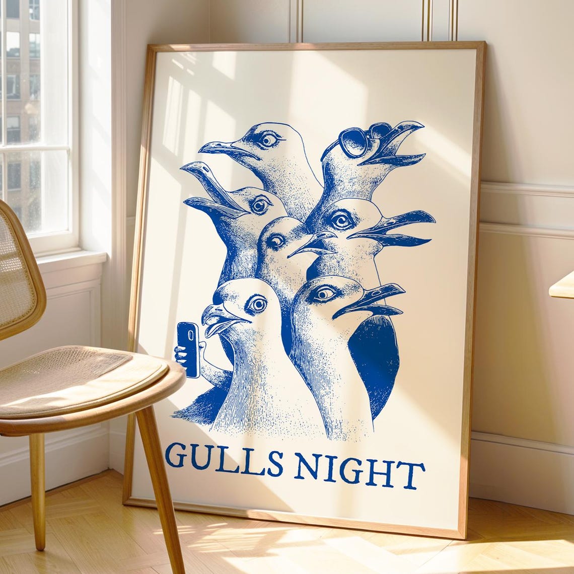 Gulls Night Funny Seagull Party Retro Blue Ink Coastal Group Poster