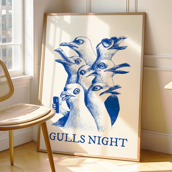 Funny Seagull Party Print Quirky Coastal Wall Art