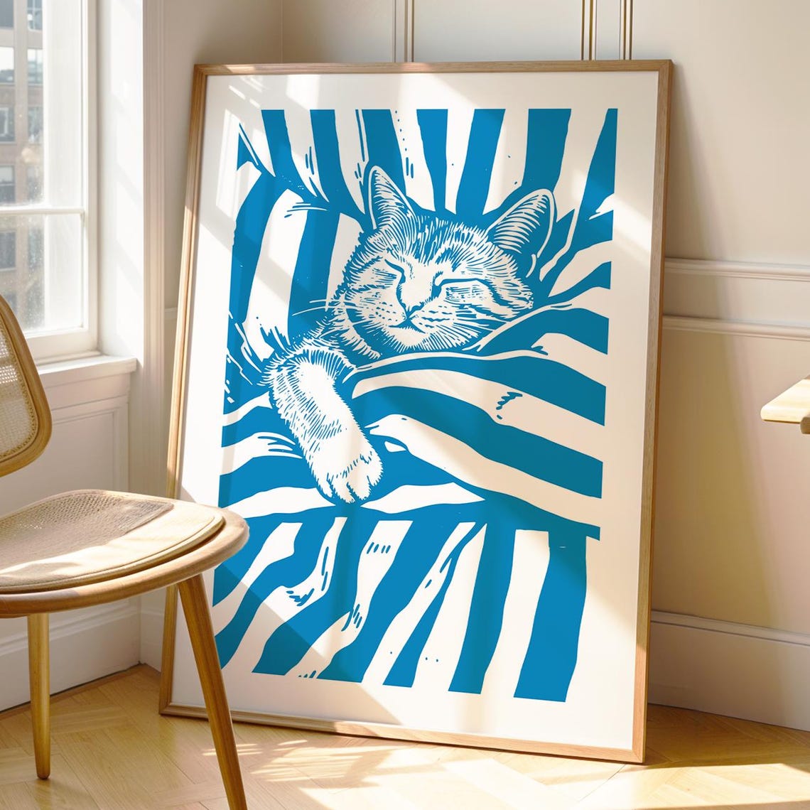 Sleeping Cat Blue Minimalist Linocut Style Kitten Art Poster