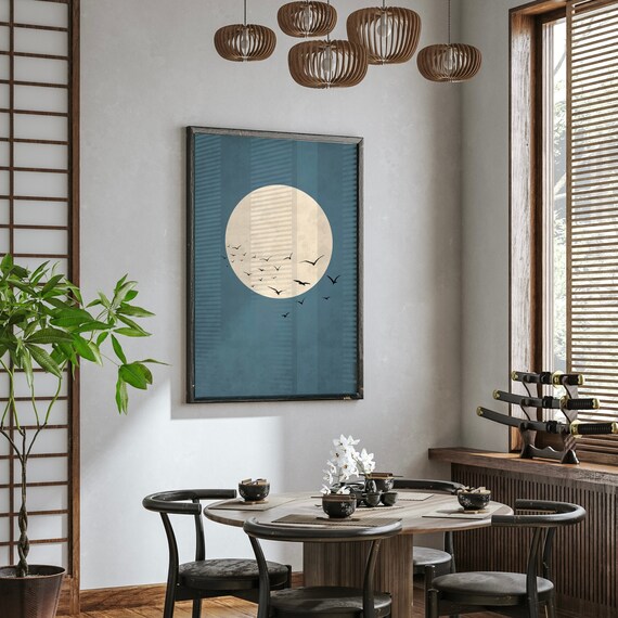 Modern Boho Moon Art Print, Rustic Smoky Blue