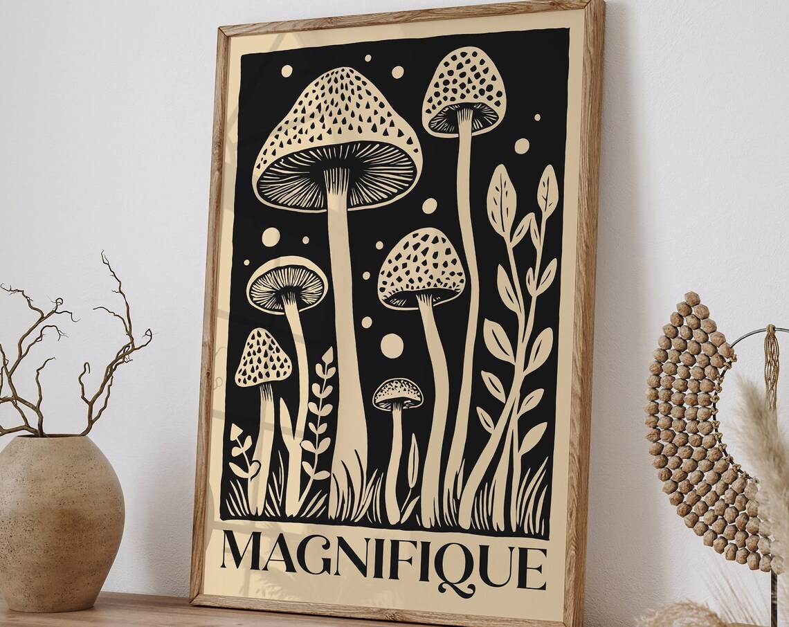 Magnifique Mushrooms Black Cream Vintage Botanical Art Poster
