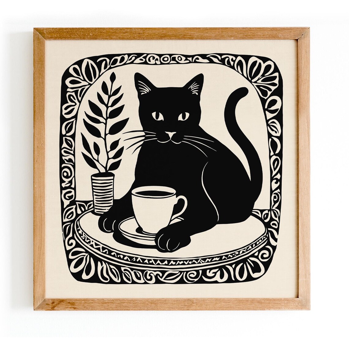 Cozy Black Cat With Coffee Cup Black and White Linocut Art Print