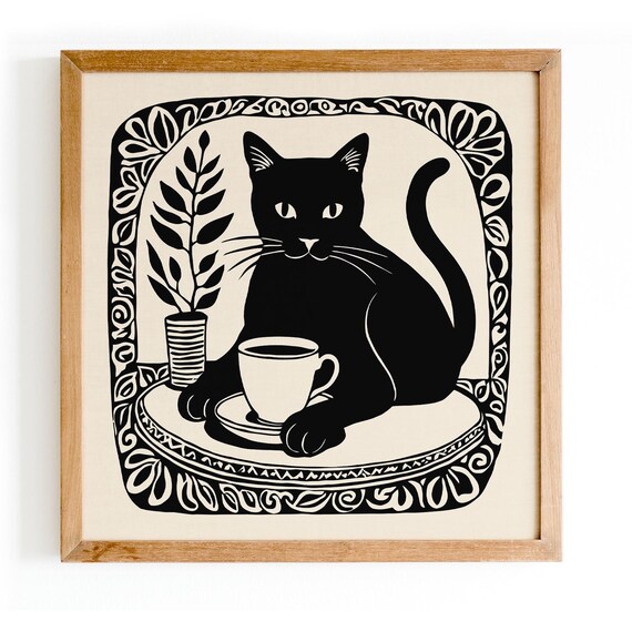 Cozy Black Cat With Coffee Cup Black and White Linocut Art Print