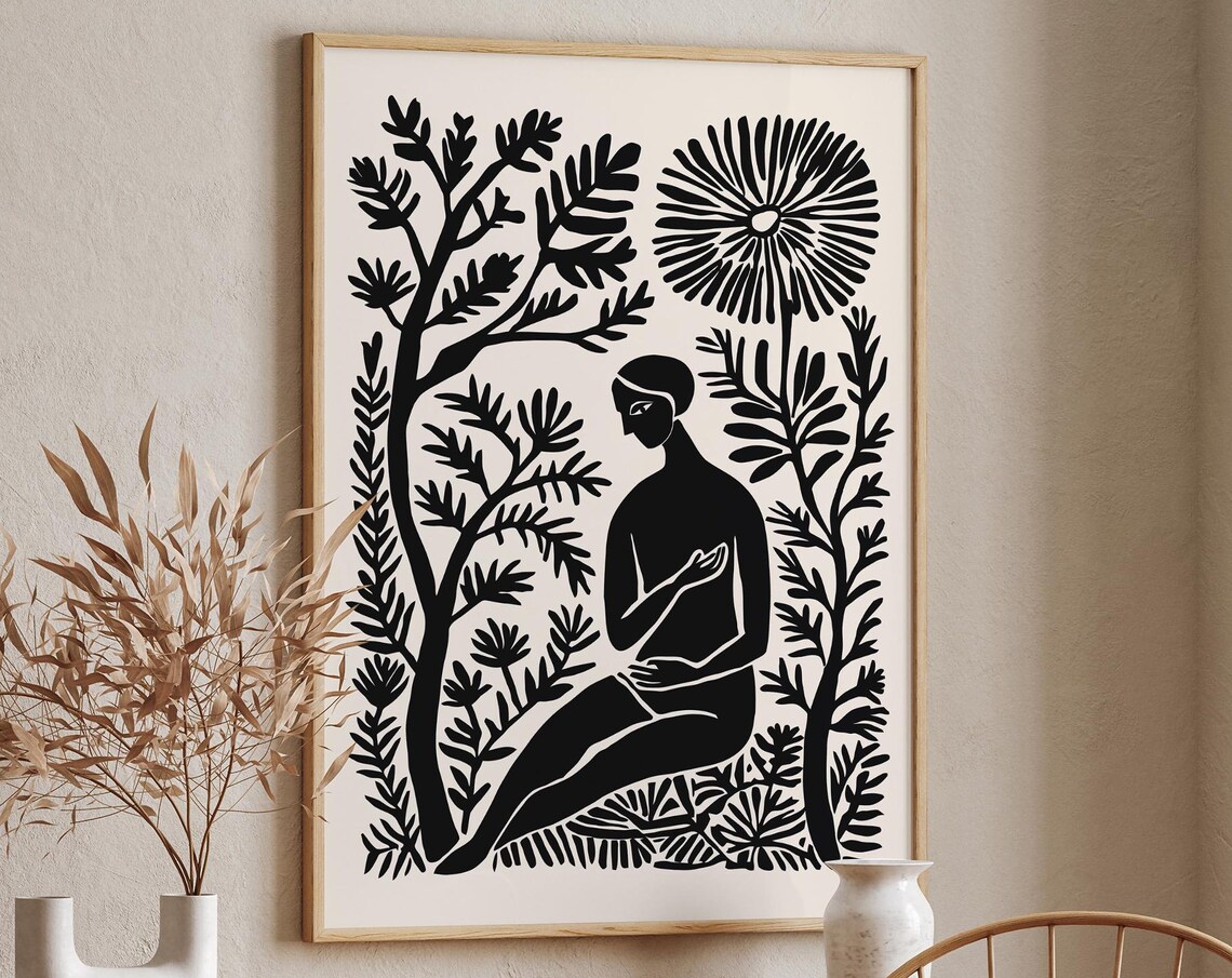 Black White Botanical Harmony Seated Woman Among Plants Linocut Poster