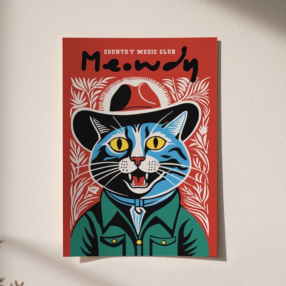 Meowdy Country Music Club Blue Cowboy Cat Grinning Red Poster