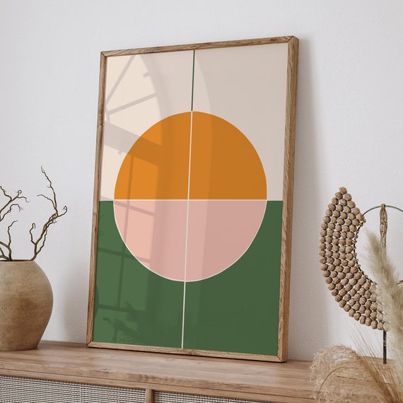 Mid Century Modern Geometric Wall Art Retro Orange Green Pink Minimalist Poster Abstract Circle Print Boho Vintage Style Decor