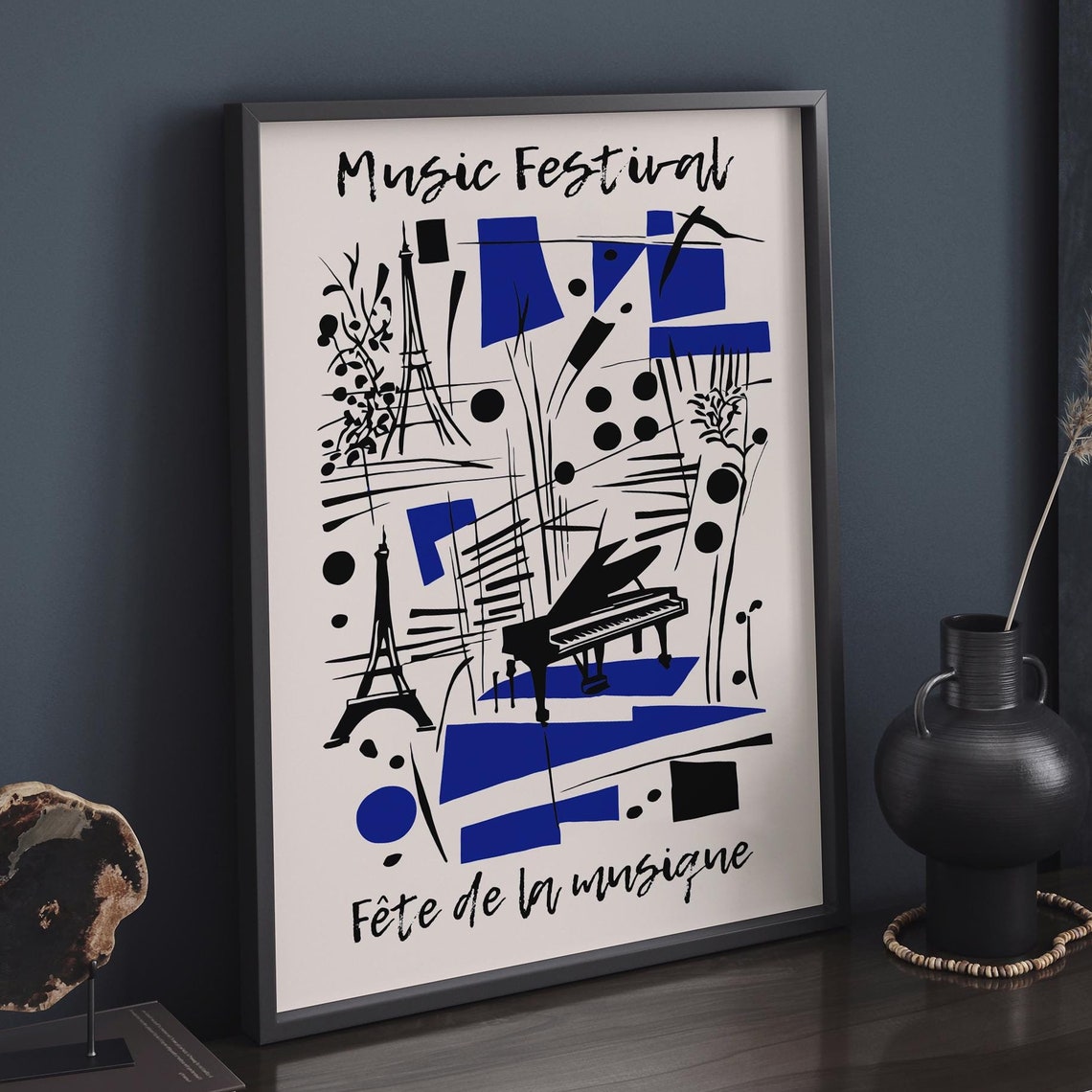 Fête de la Musique Abstract Jazz Piano Blue Black Art Poster