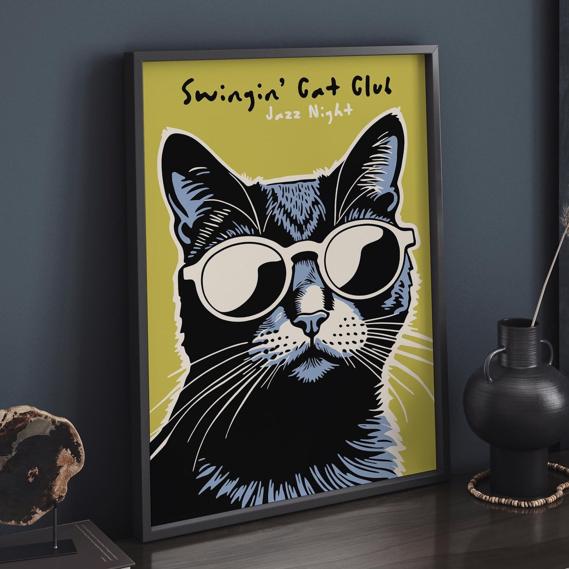 Swingin' Cat Club Jazz Night Black Cat Sunglasses Fun Poster