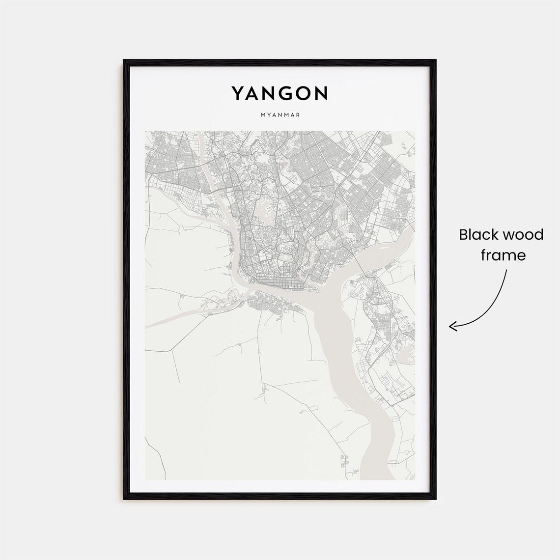 Yangon Myanmar Minimalist Black and White City Street Map Art Poster - Image 3